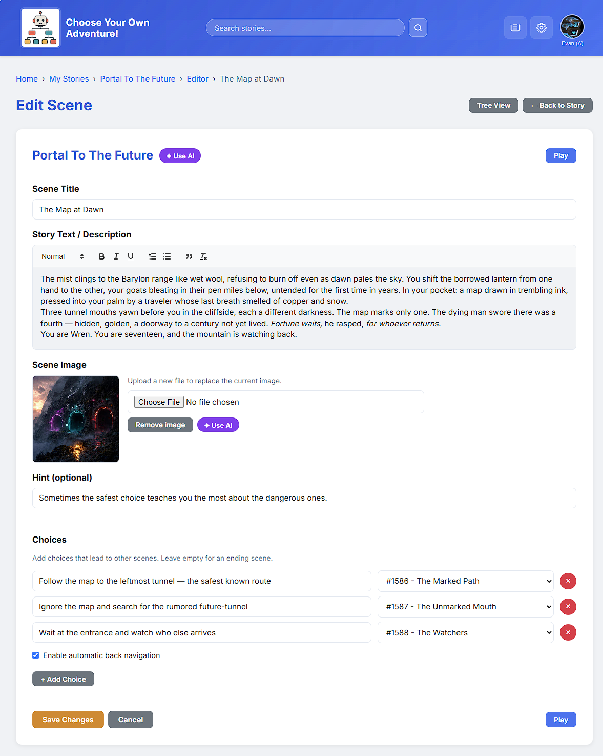 The scene editor showing fields for scene text, image, and choices